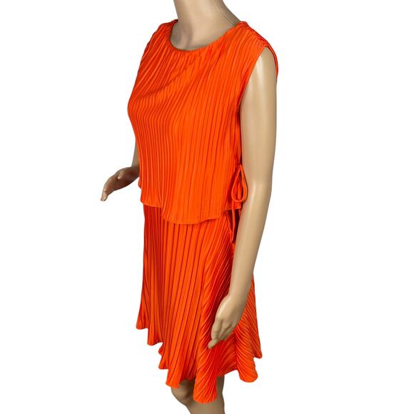DKNY $129 NWT Orange Pleated Side Tie Overlay Flared Mini Dress SZ 2 - Picture 3 of 10
